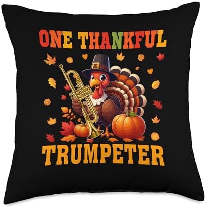 One Thankful Trumpeter Player Thanksgiving Turkey Instrument Throw Pillow by Unknown