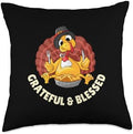 Grateful & Blessed Funny Thanksgiving Turkey with Pie Throw Pillow by Unknown