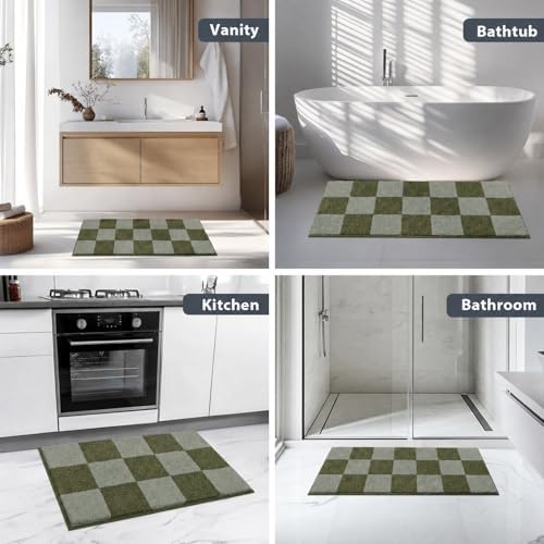 Bathroom Rugs, 30" x 60" Bath Rugs, Checkered Budding Green & Sage Green