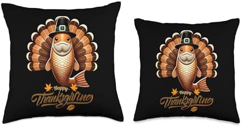 Funny Fish with Turkey Feathers Thanksgiving Throw Pillow - Image 3