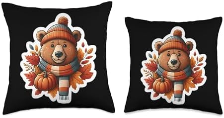 Autumn Fall Brown Bear Lover Thanksgiving Pumpkin Leaves Throw Pillow - Image 3