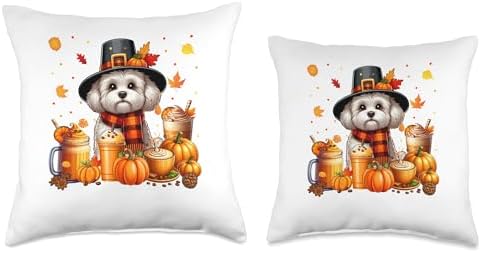 Maltipoo Thanksgiving Drinks Coffee Fall Leaves Pumpkins Throw Pillow - Image 3