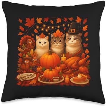 Fall Thanksgiving Cats Dinner Feast Vintage Fall Home Decor Throw Pillow by Unknown