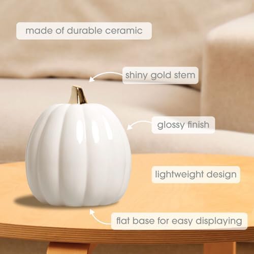 Pearhead Ceramic Pumpkin Fall Decor with Gold Stem, White - Image 2