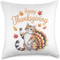 Cute Cat Turkey Happy Thanksgiving Fall Meow Throw Pillow by Unknown