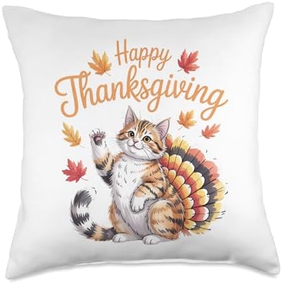 Cute Cat Turkey Happy Thanksgiving Fall Meow Throw Pillow by Unknown