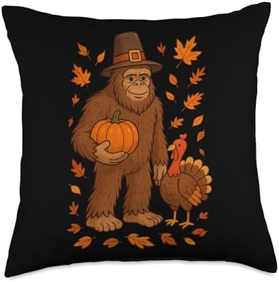 Bigfoot Thanksgiving Vibes with Pumpkin for Fall Fun Throw Pillow by Unknown