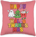 Happy Hallothanksmas Halloween Thanksgiving Christmas Groovy Throw Pillow by Unknown