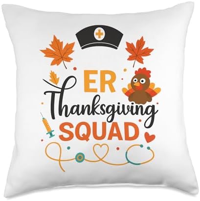ER Nurse Turkey Fall Autumn Squad ER Nurse Thanksgiving Throw Pillow by Unknown