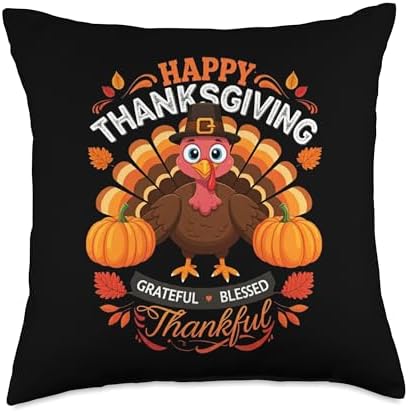Happy Thanksgiving Turkey Grateful Blessed Grateful Throw Pillow by Unknown