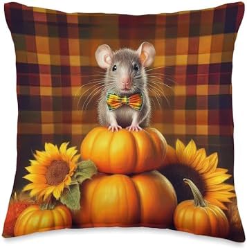 Autumn Mouse Rat Pet Thanksgiving Pumpkins Sunflowers Throw Pillow by Unknown