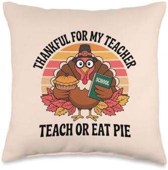 Funny Thanksgiving Teacher Retro Turkey Teach or Eat Pie Throw Pillow by Unknown