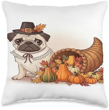 Thanksgiving Pug Throw Pillow by Unknown