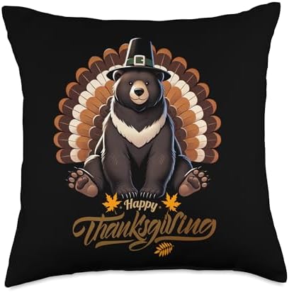 Funny Black Bear with Turkey Feathers Thanksgiving Throw Pillow by Unknown