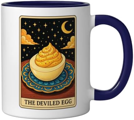 The Deviled Egg Tarot Card Ceramic Mug, Dark Blue/White, 11oz - Image 2