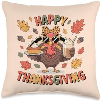 Cute Turkey Drinking iced Coffee Thanksgiving Bow Women Girl Throw Pillow by Unknown