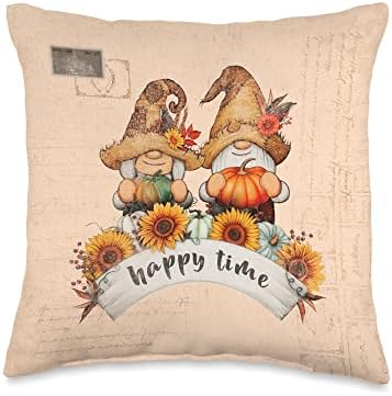 Thanksgiving, autumn fall gnomes with pumpkins, Vintage Throw Pillow by Unknown