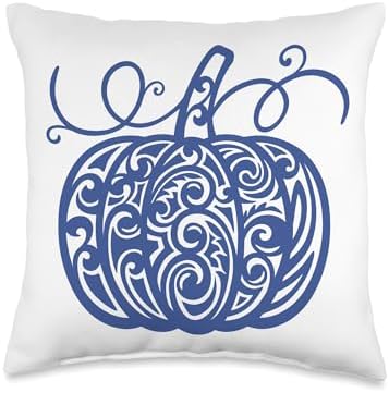 Fall Decorative Blue And White Pumpkin Autumn Thanksgiving Throw Pillow by Unknown