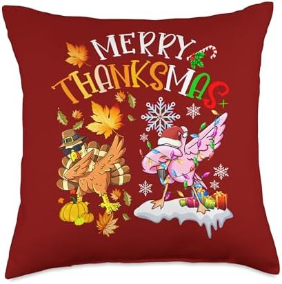 Family Happy Hallothanksmas Thanksgiving Christmas Merry ThanksMas Dabbing Turkey Flamingo Thanksgiving Xmas Throw Pillow, 18x18, Multicolor by Unknown