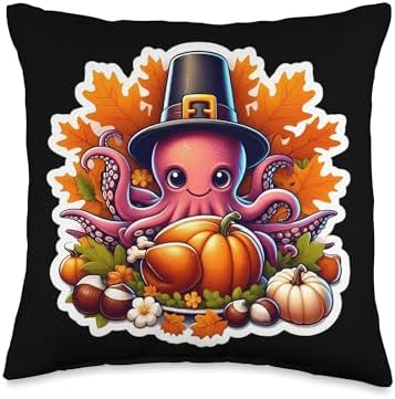 Thanksgiving Octopus Lover Fall Autumn Cottagecore Cute Throw Pillow by Unknown