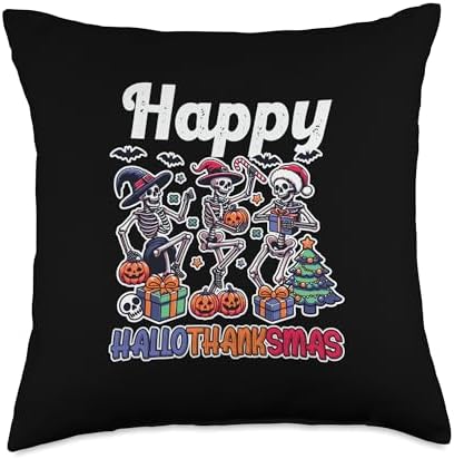 Halloween Thanksgiving Christmas HalloThanksMas Skeleton Throw Pillow by Unknown
