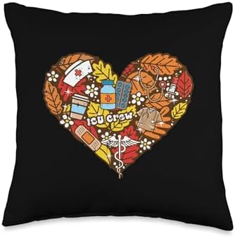 Thanksgiving ICU Nurse Crew Heart Fall Scrub Top Women Men Throw Pillow by Unknown