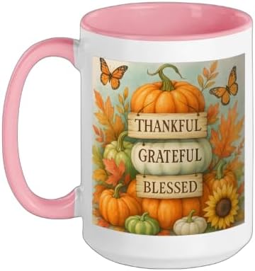 Thankful Grateful Blessed - Fall Pumpkin Family Thanksgiving Ceramic Mug, Pink/White, 15oz by Unknown