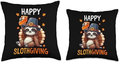 Happy Slothgiving Thanksgiving Sloth Holding Pumpkin Pie Throw Pillow - Image 3