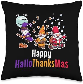 Hallothankmas Gnomes Halloween Thanksgiving Christmas 2026 Throw Pillow by Unknown
