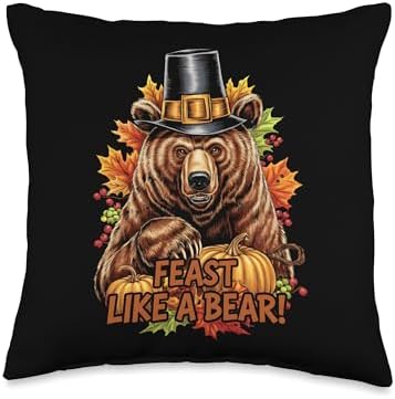 Thanksgiving Brown Bear Grizzly Pilgrim Feast Like A Bear Throw Pillow by Unknown