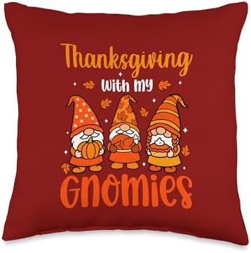 Thanksgiving with My Gnomies Three Gnomes Rainbow Autumn Throw Pillow by Unknown