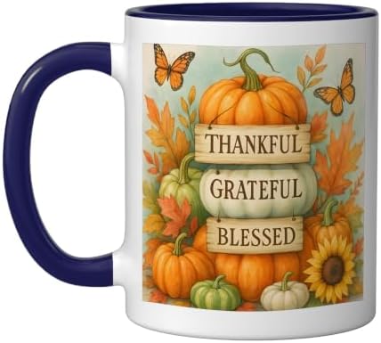 Thankful Grateful Blessed - Fall Pumpkin Family Thanksgiving Ceramic Mug, Dark Blue/White, 11oz by Unknown