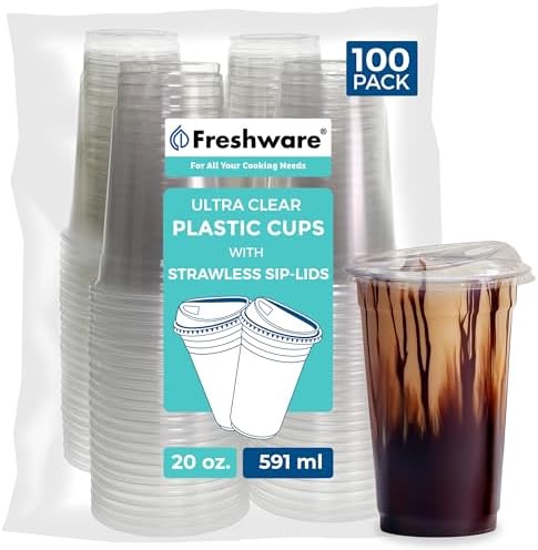 Freshware Clear Plastic Cups with Strawless Sip Lids [100 Cups - 20 oz] Disposable Tumblers for Iced Coffee, Smoothie, Milkshake, Cold Drinks by Freshware
