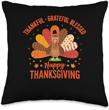 Thankful Grateful Blessed Turkey Cute Thanksgiving Women Men Throw Pillow by Unknown