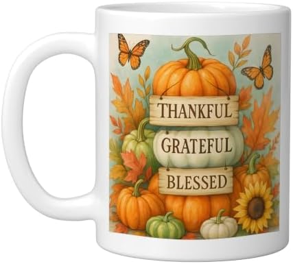 Thankful Grateful Blessed - Fall Pumpkin Family Thanksgiving Ceramic Mug, White, 11oz by Unknown