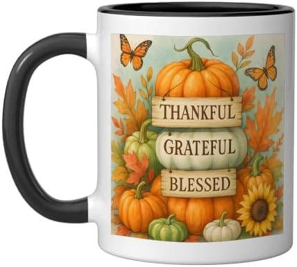 Thankful Grateful Blessed - Fall Pumpkin Family Thanksgiving Ceramic Mug, Black/White, 11oz by Unknown