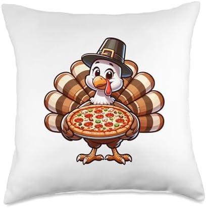Kawaii Cartoon Turkey With A Pizza Design Cute Turkey with a Pizza Funny Thanksgiving Pilgrim Dinner Throw Pillow, 18x18, Multicolor by Unknown