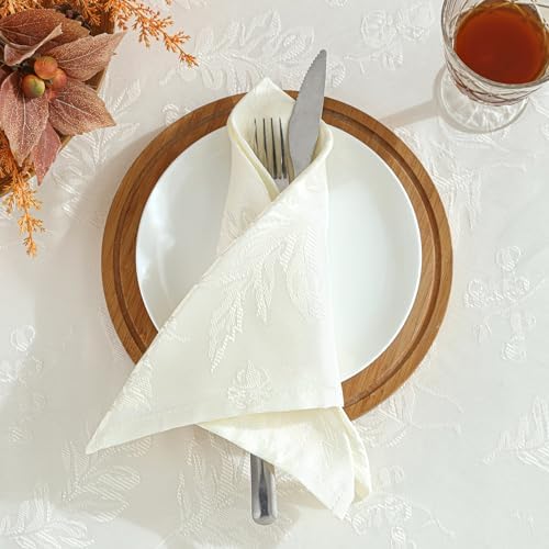 Elegant Woven Leaves Jacquard Damask Tablecloth, Ivory - 60" W x 120" L