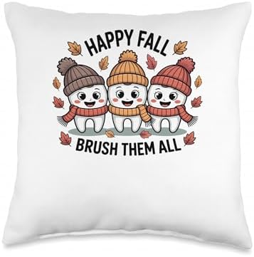 Happy Fall Brush Them All Dentist Teeth Thanksgiving Dental Throw Pillow by Unknown