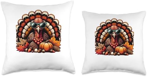 Funny Thanksgiving Cartoon Turkey Wears Sunglasses Men Women Throw Pillow - Image 3
