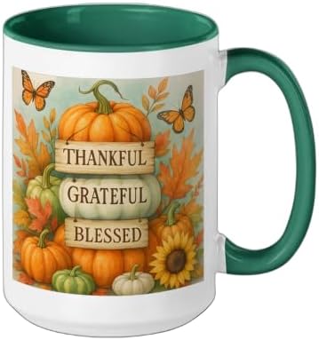 Thankful Grateful Blessed - Fall Pumpkin Family Thanksgiving Ceramic Mug, Dark Green/White, 15oz - Image 2