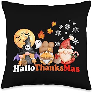 Happy Hallothanksmas Gnomes Halloween Thanksgiving Christmas Throw Pillow by Night+Creatures