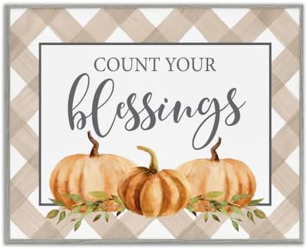 'Count Your Blessings Thankful Pumpkin Tartan'| Framed Giclee Art by StupellIndustries
