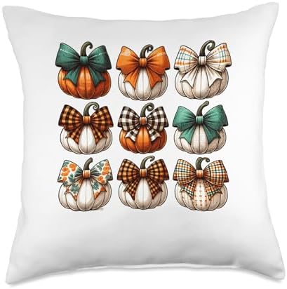 Coquette Bow Pumpkin Season Thanksgiving Autumn Fall Leaves Throw Pillow by Unknown