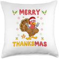 Merry Thanksmas Funny Turkey Santa Christmas Thanksgiving Throw Pillow by Unknown