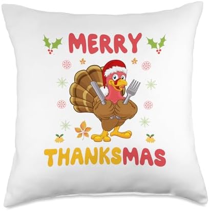 Merry Thanksmas Funny Turkey Santa Christmas Thanksgiving Throw Pillow by Unknown