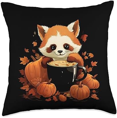 Red Panda Autumn Thanksgiving Halloween Kawaii Red Panda Pumpkin Spice Latte Fall Thanksgiving Halloween Throw Pillow, 18x18, Multicolor by Unknown