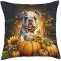 Floral Bulldog Dog Thanksgiving Pumpkins Sunflowers Gift Throw Pillow by Unknown
