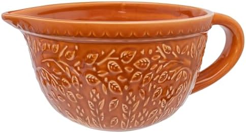 Boston International Ceramic Bowl Fall Autumn Thanksgiving Embossed Leaf Mixing & Serving Dish with Handle, Large/7 Cups, Spicy Orange by BostonInternational