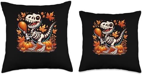 Funny Dino Thanksgiving Skeleton with Turkey Leg and Pumpkin Throw Pillow - Image 3